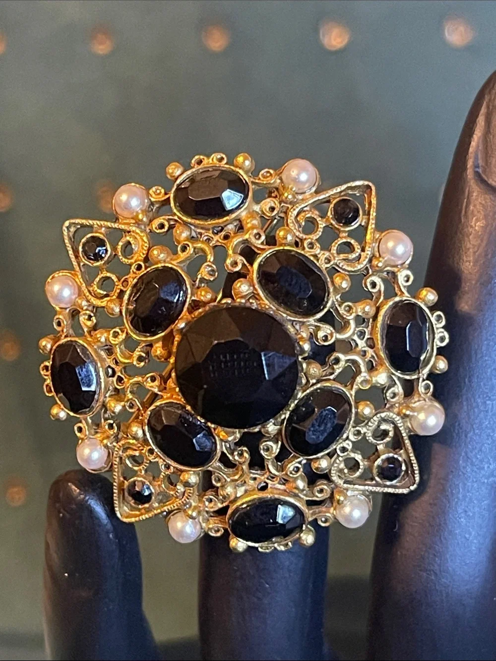 Vintage Florenza Victorian Revival Ornate Black & Faux Pearl Brooch
